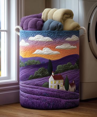 Purple Horizon Quilted Fabric Laundry Hamper - Stylish Purple Foldable Laundry Basket With Sturdy Handles, Decorative Bedroom & Nursery Organizer
