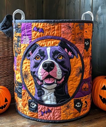 Purple Pitty Quilted Laundry Hamper - Bold Purple Pitbull Print Collapsible Washable Fabric Storage Basket For Home & Kids