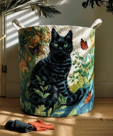 Modern Quilted Laundry Hamper — Purr Noir Pattern , Sleek Foldable Decorative Fabric Basket With Handles, Stain-Resistant & Washable