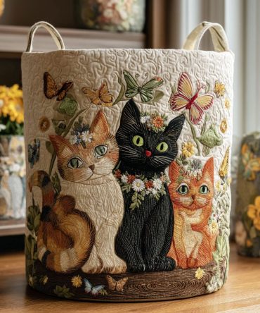 Purr In Bloom Quilted Laundry Hamper - Floral Cat Print Storage Basket, Soft Padded Organizer For Charming Bedroom Décor