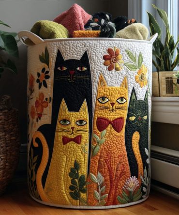 Purrfect Bloom Quilted Laundry Hamper — Floral Cat Design Foldable Basket With Handles, Stylish Bedroom & Pet-Friendly