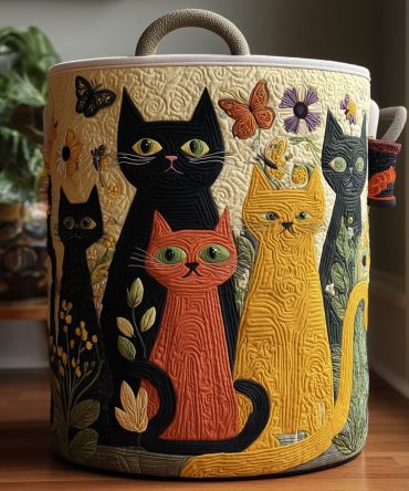 Botanical Cat Quilted Laundry Hamper - Purrfect Blooms Design, Collapsible Fabric Basket, Machine Washable & Decorative Storage For Cat Lovers