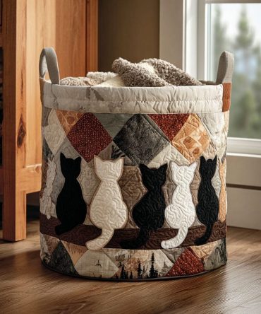 Purrfect Companions Quilted Laundry Hamper — Cute Cat-Themed Quilted Fabric Basket, Lightweight Collapsible Hamper With Comfortable Handles