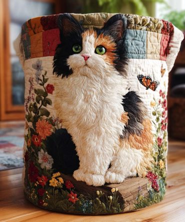 Purrfect Garden Quilted Laundry Hamper — Spacious Foldable Fabric Basket With Cute Cat Motif, Reinforced Handles & Easy-Clean Cover