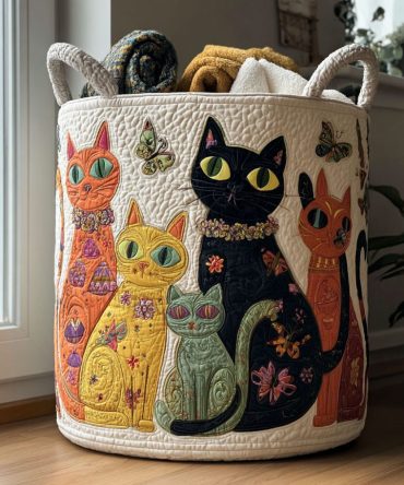 Purrfect Harmony Quilted Laundry Hamper - Modern Cat-Patterned Foldable Fabric Basket, Gentle Cotton Liner For Clothes