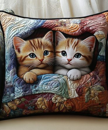 Purrfect Pair Quilted Pillow Cover — Adorable Cat Couple Decorative Throw Pillowcase, Soft Cotton, Accent Cushion For Sofa & Bed