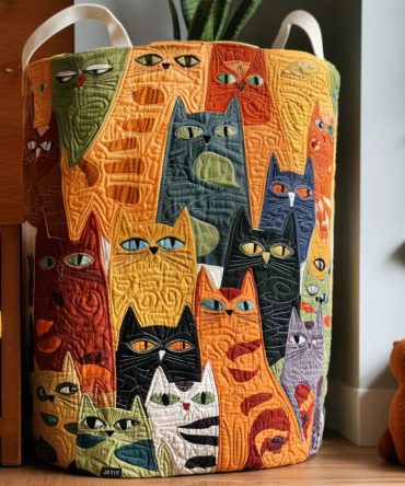 Purrfect Posse Quilted Laundry Hamper – Group Cat Design Foldable Fabric Basket, Durable Storage For Home & Dorm Rooms