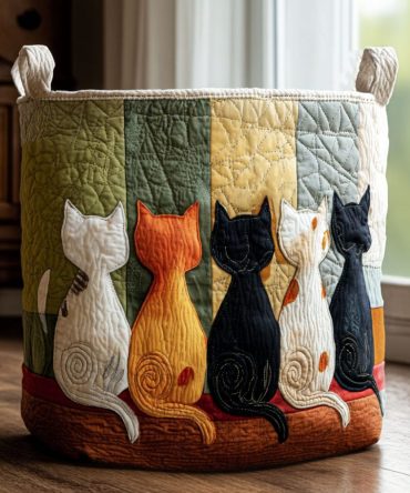 Purrfectly Quirky Quilted Cotton Laundry Hamper — Playful Cat Print Foldable Storage Basket With Sturdy Handles For Stylish Home Organization