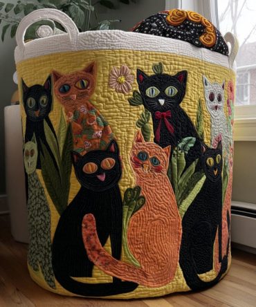 Floral Cat Quilted Laundry Hamper — Large Foldable Cotton-Linen Basket With Handles , Decorative Bedroom & Bathroom Organizer