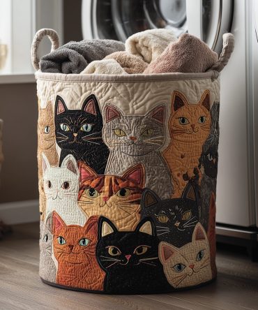 Deluxe Quilted Cat Print Laundry Hamper — Collapsible Fabric Basket With Handles, Soft Lined, Decorative & Durable