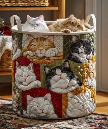 Purring Dream Quilted Laundry Hamper — Cute Cat-Themed Washable Laundry Basket, Foldable Organizer With Handles Perfect For Pet Lovers & Kids