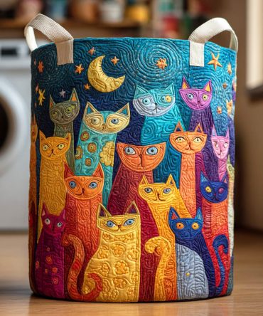 Purring Meadow Quilted Laundry Hamper — Soft Foldable Laundry Basket With Floral Cat Pattern, Large Capacity Washable Storage For Bedroom & Dorm