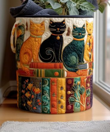 Purring Meadow Quilted Laundry Hamper — Pastoral Cat-Pattern Foldable Basket With Soft Quilting And Comfortable Carry Handles