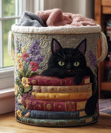 Chic Purring Pages Quilted Laundry Hamper — Foldable Fabric Basket With Soft Quilting, Easy Carry Handles For Stylish Laundry & Home Storage