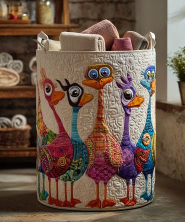 Quack Me Up Quilted Laundry Basket Hamper – Duckling Motif Foldable Laundry Bin, Quilted Cotton Organizer, Lightweight & Collapsible With Handles