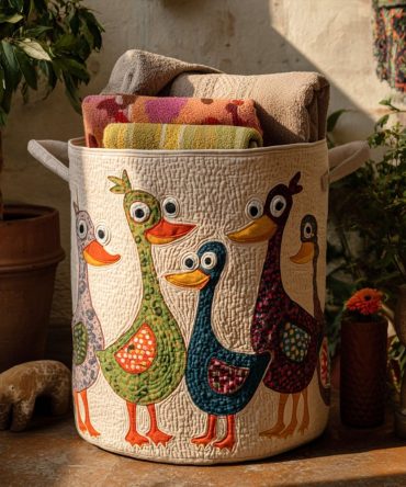 Quackadelic Quilted Laundry Hamper — Retro Duck Print Fabric Basket, Large Collapsible Washable Hamper With Handles For Playroom & Nursery
