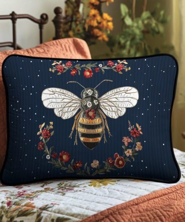 Queen Bee Charm Honeycomb Quilted Pillow Cover - Chic Embroidered Cotton Pillowcase For Farmhouse, Cottage And Modern Glam Decor