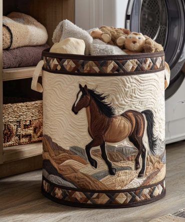 Quiet Hoofbeats Quilted Laundry Hamper — Equestrian Horse Print Foldable Laundry Basket With Quilted Padding & Handles For Stable Organization