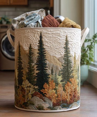 Quiet Peaks Quilted Laundry Hamper — Serene Mountain Print Storage Basket For Minimal, Modern & Rustic Spaces