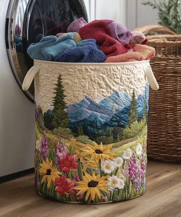 Quiet Valley Quilted Laundry Hamper – Serene Nature Print Foldable Laundry Basket For Closet, Laundry Room & Decor