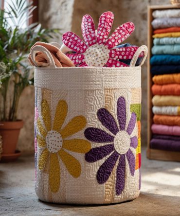 Quilt Of Flowers Quilted Laundry Hamper — Floral Fabric Storage Basket, Collapsible Home Organizer With Soft Handles For Delicates & Daily Laundry
