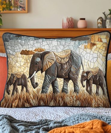 Elephant Dreams Quilted Decorative Pillowcase - Grey Cotton Elephant Pillow Cover, Safari Nursery & Global Decor Accent