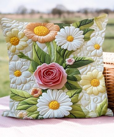 Garden Breeze Quilted Accent Pillow Cover — Light Floral Motif, Soft Quilted Fabric, Machine Washable Decorative Case