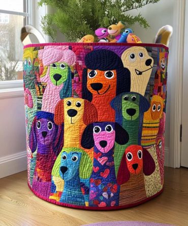 Quirky Canines Quilted Laundry Hamper — Fun Dog Print Fabric Basket With Handles, Foldable Organizer For Laundry & Toys