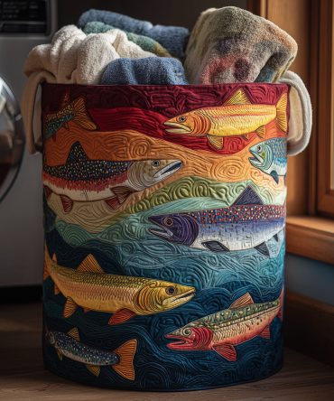 Playful Quilted Laundry Hamper — Quirky Trout Print, Foldable Fabric Bin With Padded Sides, Sturdy Handles & Easy Storage