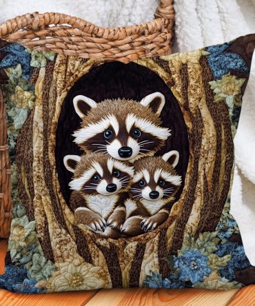 Raccoon Family Tree Quilted Pillow Cover - Woodland Animal Family Throw Pillowcase, Cozy Nursery Decor, Handcrafted Cotton