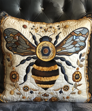 Radiant Bee Quilted Throw Pillow Cover — Bee & Floral Design, Eco-Chic Cotton Blend, Reversible Decorative Sham, Machine-Washable