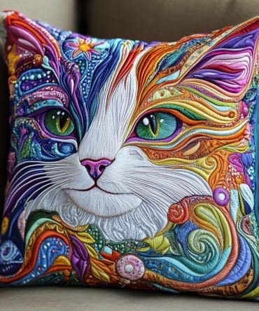 Radiant Cat Art Quilted Throw Pillow Cover – Vibrant Feline Floral Decorative Cushion Case, Premium Zippered Accent For Sofa & Bed, Machine-Washable
