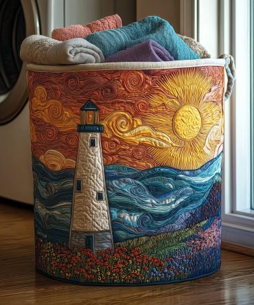 Radiant Coastal Beacon Quilted Laundry Hamper - Foldable Fabric Laundry Basket With Handles, Lightweight Decorative Linen Storage