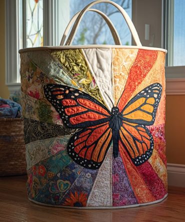 Radiant Monarch Quilted Laundry Hamper — Vibrant Butterfly Foldable Laundry Basket With Sturdy Handles For Stylish Home Storage