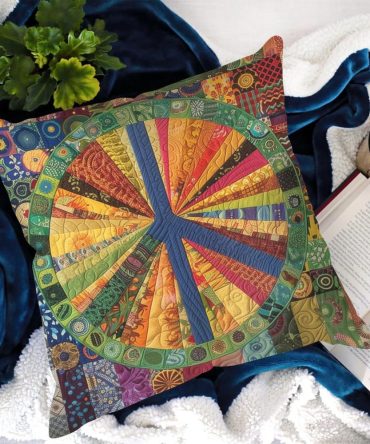 Radiant Peace Quilted Pillow Cover — Sun & Peace Motif, Vibrant Bohemian Design, Cotton-Blend Throw Pillowcase For Living Room & Meditation