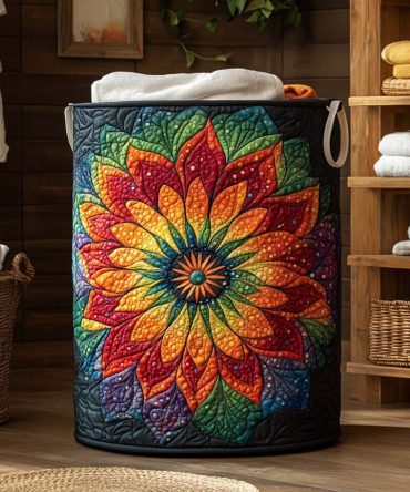 Radiant Rainbow Flower Quilted Laundry Hamper - Bright Floral Clothes Organizer With Handles, Lightweight Colorful Home Storage