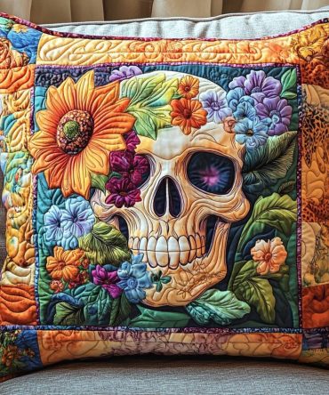 Radiant Skull Quilted Accent Pillow Cover — Vibrant Skull Art Throw Pillow Case For Living Room, Textured & Machine-Friendly