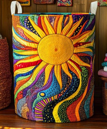 Radiant Sun Quilted Laundry Hamper — Warm Yellow Sunburst Foldable Fabric Bin, Sturdy Washable Storage For Clothes & Home Organization