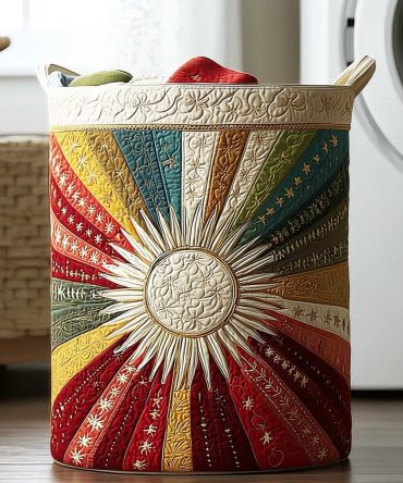 Radiant Sunburst Quilted Laundry Hamper — Bright Sunburst Design Collapsible Laundry Basket With Durable Handles For Stylish Home Storage
