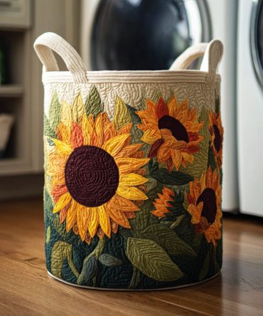 Radiant Sunflower Quilted Laundry Hamper — Bright Floral Storage Basket For Bedroom & Nursery, Machine-Friendly Cover & Collapsible