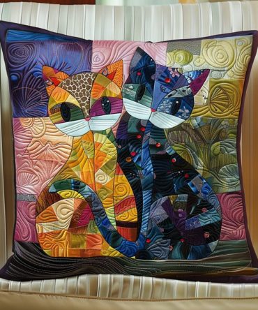 Rainbow Cat Mosaic Quilted Pillow Cover — Colorful Geometric Feline Accent Pillowcase, Modern Boho Decorative Cushion For Home