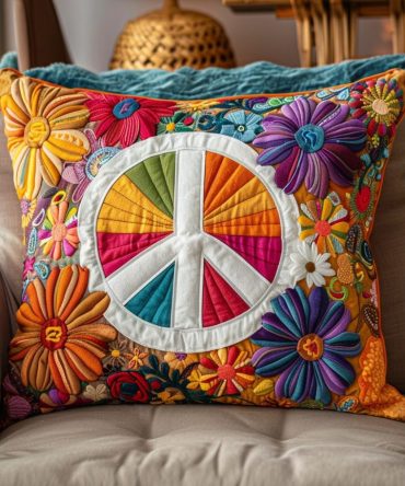 Rainbow Peace Sign Quilted Throw Pillow Cover — Colorful Peace Decor, Bright Boho Accent For Sofa, Machine-Washable