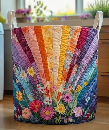 Rainbow Blossom Quilted Cotton Laundry Hamper – Bright Collapsible Fabric Basket With Reinforced Handles, Cheerful Storage For Kids & Home