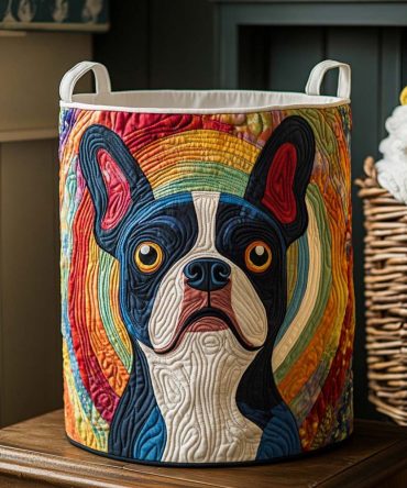 Rainbow Boston Terrier Quilted Laundry Hamper — Colorful Dog Print Fabric Laundry Basket, Fun & Durable Storage For Kids & Pet Rooms