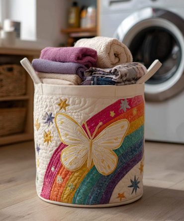 Rainbow Butterfly Starscape Quilted Laundry Hamper — Colorful Foldable Laundry Basket For Playroom, Kids & Teen Bedrooms