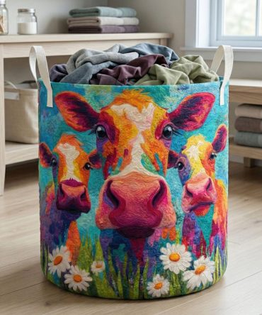 Rainbow Cow Herd Quilted Laundry Hamper — Colorful Herd Print Foldable Storage Bin With Handles For Vibrant Nursery & Dorm Rooms