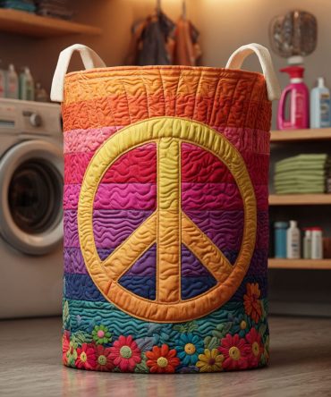 Rainbow Garden Peace Quilted Laundry Hamper — Bright Floral Quilted Laundry Basket With Reinforced Handles, Foldable Design & Large Capacity