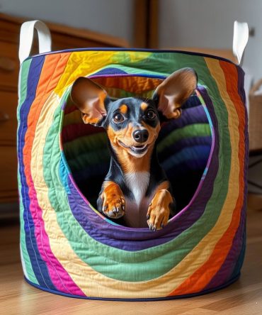 Vibrant Quilted Storage Hamper - Rainbow Pup Joy Patterned Fabric Organizer, Foldable Laundry & Toy Bin, Colorful Durable Design