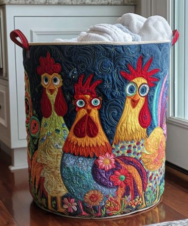 Rainbow Roosters Quilted Laundry Hamper — Colorful Farmhouse Fabric Basket With Handles, Collapsible Storage Solution For Home