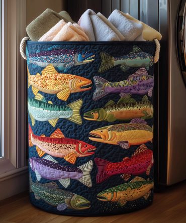Nature-Inspired Quilted Laundry Hamper - Rainbow Trout Design , Lightweight Foldable Fabric Laundry Basket With Sturdy Handles For Cabin